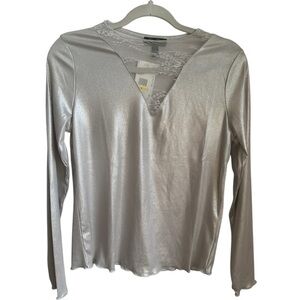 Jessica Simpson Silver Long Sleeve Top with Lace Detail Size MSRP 54.50